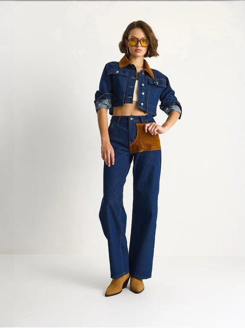 Ensemble coordonné en jean taille haute avec col chemise lucci - Kiabi