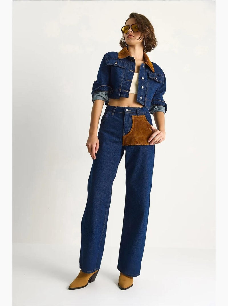 Ensemble coordonné en jean taille haute avec col chemise lucci Bleu marine - Kiabi