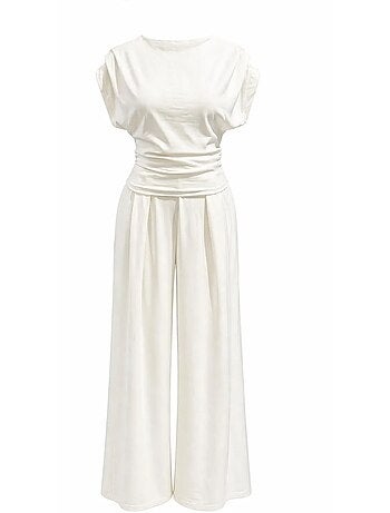 Ensemble coordonné en maille taille haute à jambe large avec encolure bateau mixray