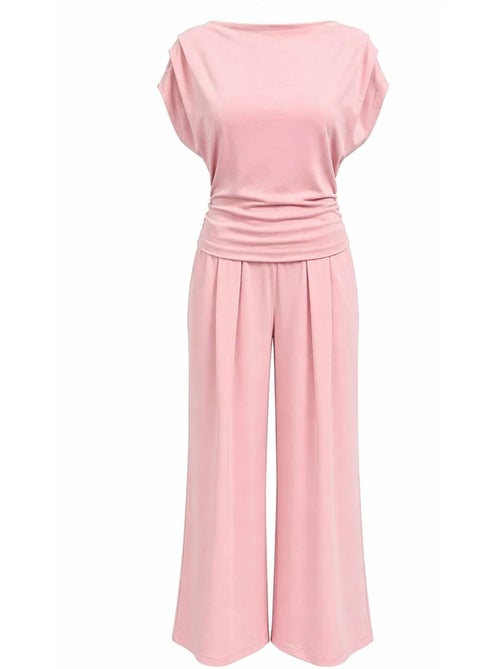 Ensemble coordonné en maille taille haute à jambe large avec encolure bateau mixray - Kiabi
