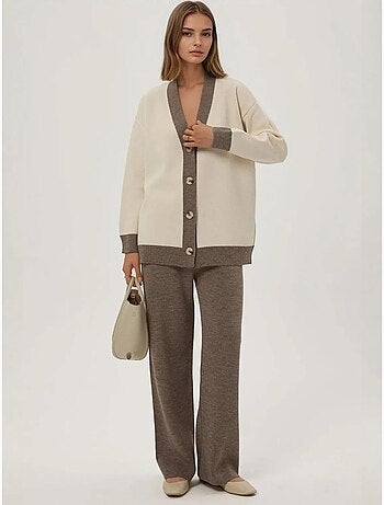 Ensemble coordonné en tricot texturé taille haute avec col boutonné