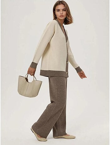 Ensemble coordonné en tricot texturé taille haute avec col boutonné