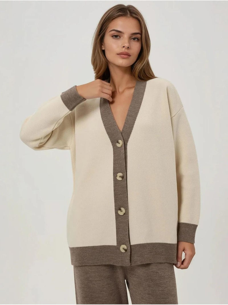 Ensemble coordonné en tricot texturé taille haute avec col boutonné Crème - Kiabi