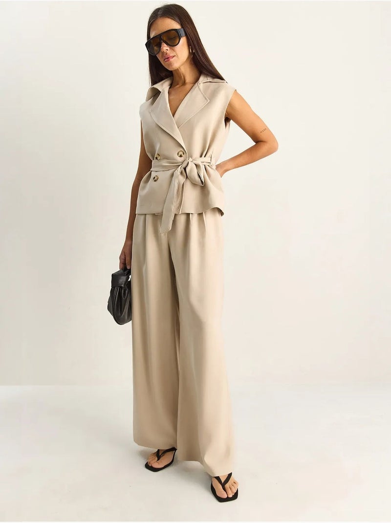 Ensemble coordonné taille haute à jambe large avec col châle lucci Beige argile - Kiabi