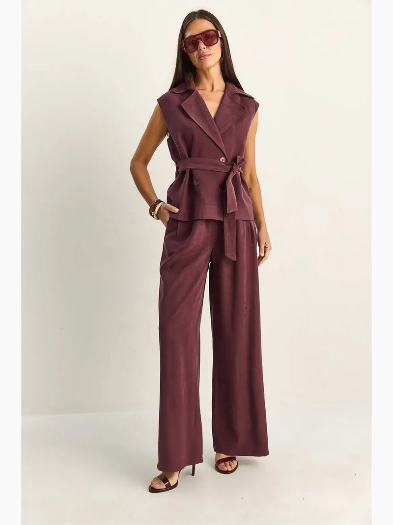 Ensemble coordonné taille haute à jambe large avec col châle lucci Mauve - Kiabi