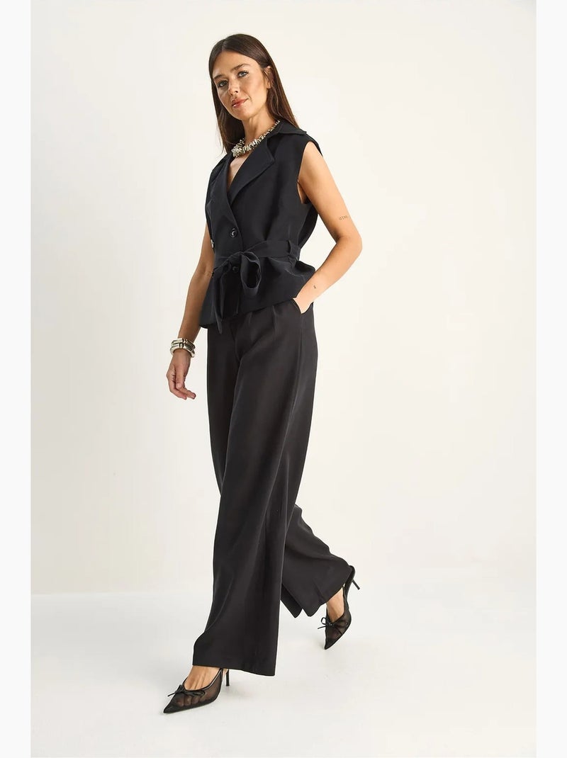 Ensemble coordonné taille haute à jambe large avec col châle lucci Noir - Kiabi