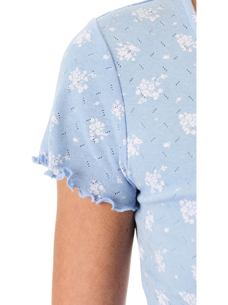 Ensemble de pyjama coralie pointel crunchy à motif floral, manches courtes et short penti Bleu ciel - Kiabi