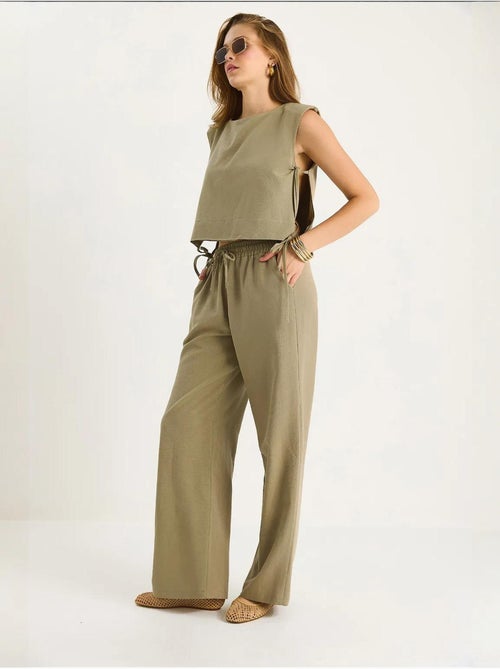 Ensemble deux pièces à col ras du cou et fermeture à nouer avec pantalon large lucci - Kiabi
