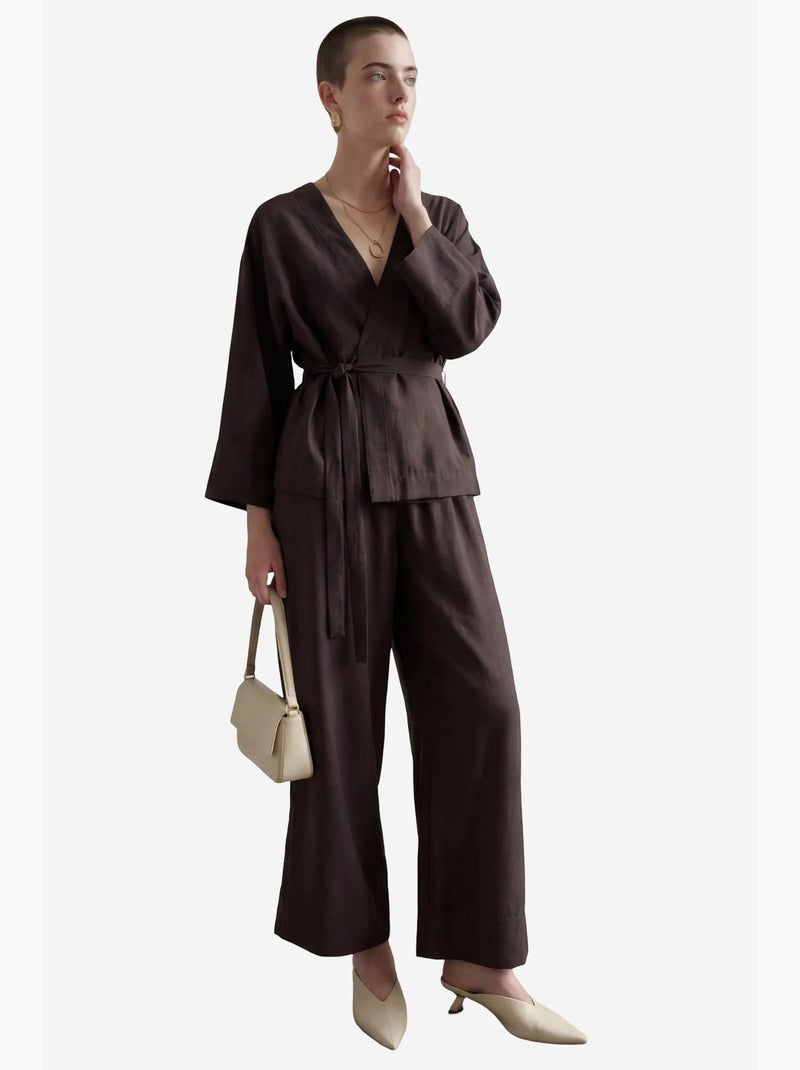 Ensemble deux pièces à manches longues et col en v ceinturé my fashion Marron - Kiabi
