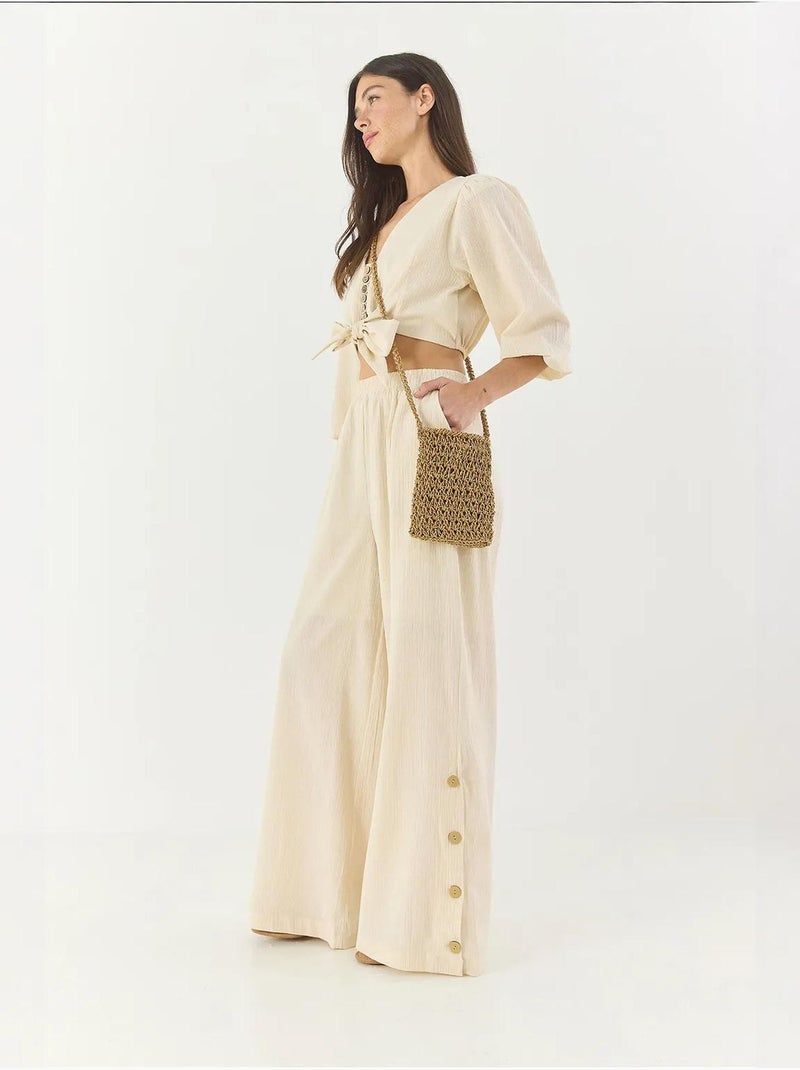 Ensemble deux pièces avec chemisier à nouer, ourlet boutonné doublé et pantalon doublé lucci Beige argile - Kiabi