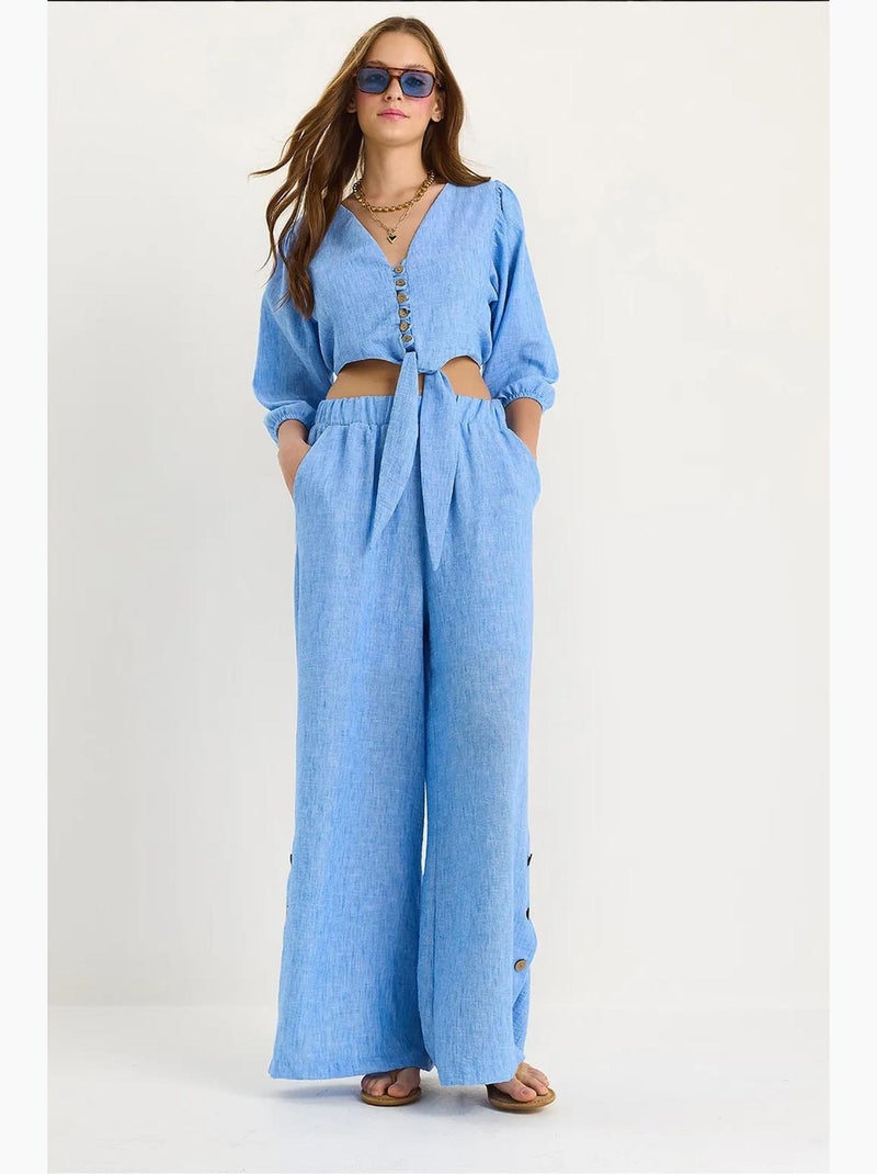 Ensemble deux pièces avec chemisier à nouer, ourlet boutonné doublé et pantalon doublé lucci Bleu saphir - Kiabi