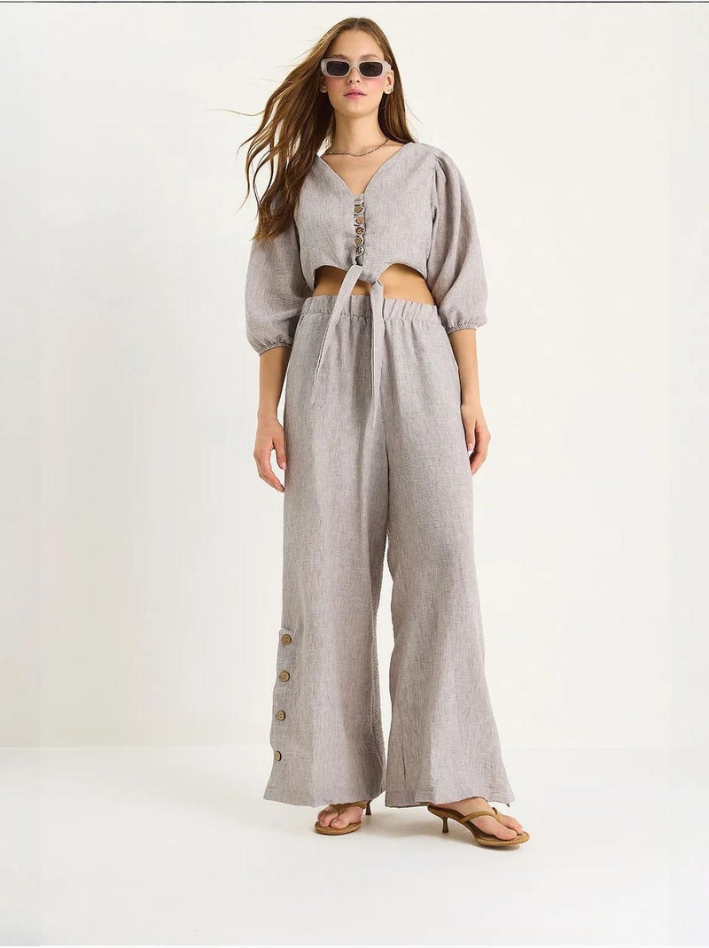 Ensemble deux pièces avec chemisier à nouer, ourlet boutonné doublé et pantalon doublé lucci Gris - Kiabi