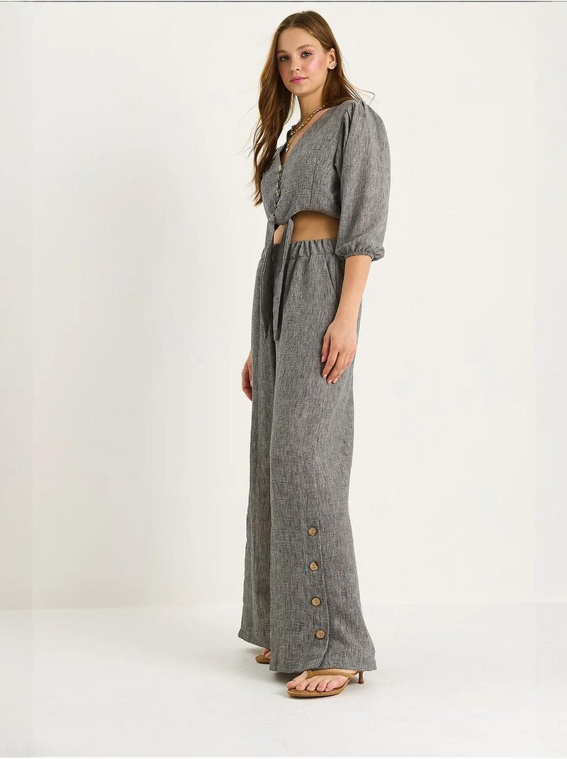Ensemble deux pièces avec chemisier à nouer, ourlet boutonné doublé et pantalon doublé lucci Gris Noir - Kiabi