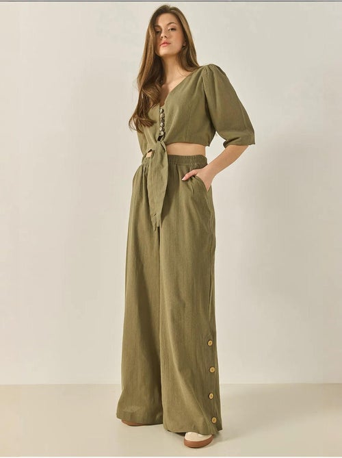 Ensemble deux pièces avec chemisier à nouer, ourlet boutonné doublé et pantalon doublé lucci - Kiabi