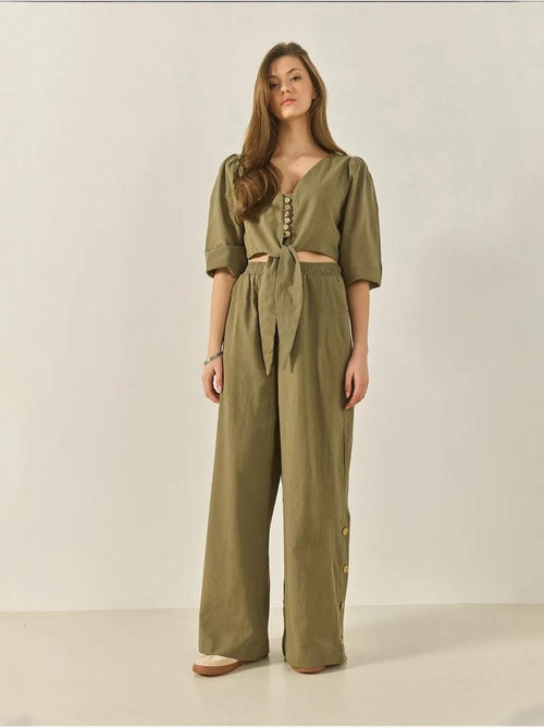 Ensemble deux pièces avec chemisier à nouer, ourlet boutonné doublé et pantalon doublé lucci - Kiabi