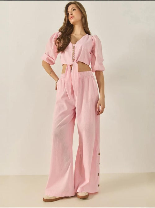 Ensemble deux pièces avec chemisier à nouer, ourlet boutonné doublé et pantalon doublé lucci - Kiabi
