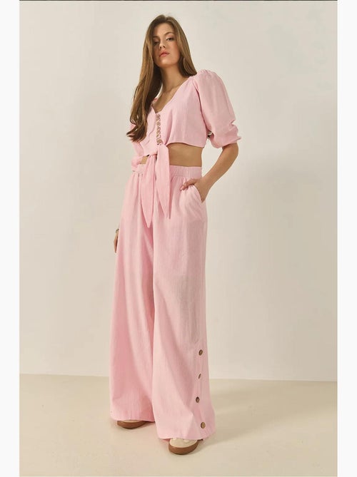 Ensemble deux pièces avec chemisier à nouer, ourlet boutonné doublé et pantalon doublé lucci - Kiabi