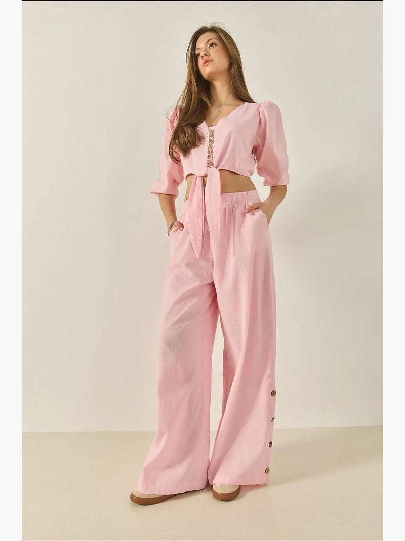Ensemble deux pièces avec chemisier à nouer, ourlet boutonné doublé et pantalon doublé lucci Rose clair - Kiabi