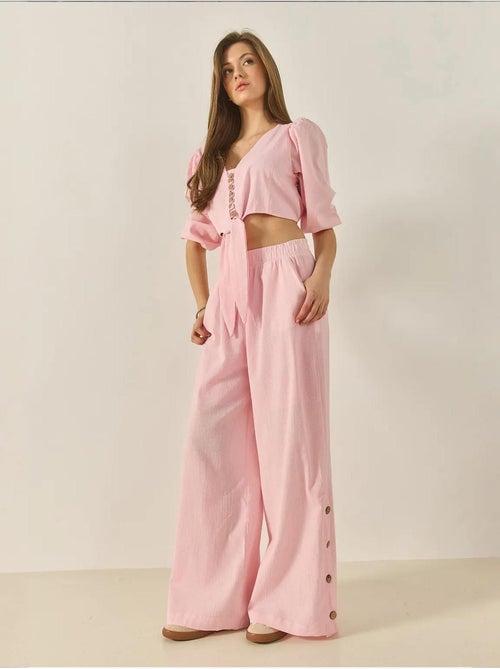 Ensemble deux pièces avec chemisier à nouer, ourlet boutonné doublé et pantalon doublé lucci - Kiabi
