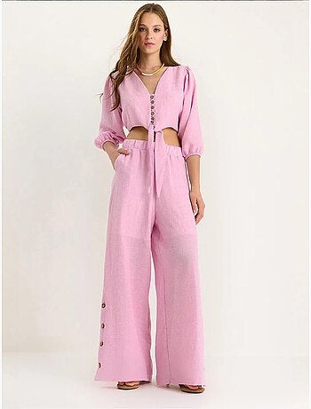 Ensemble deux pièces avec chemisier à nouer, ourlet boutonné doublé et pantalon doublé lucci