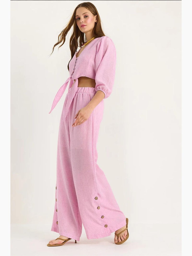 Ensemble deux pièces avec chemisier à nouer, ourlet boutonné doublé et pantalon doublé lucci Rose fluo/Solinotes - Kiabi