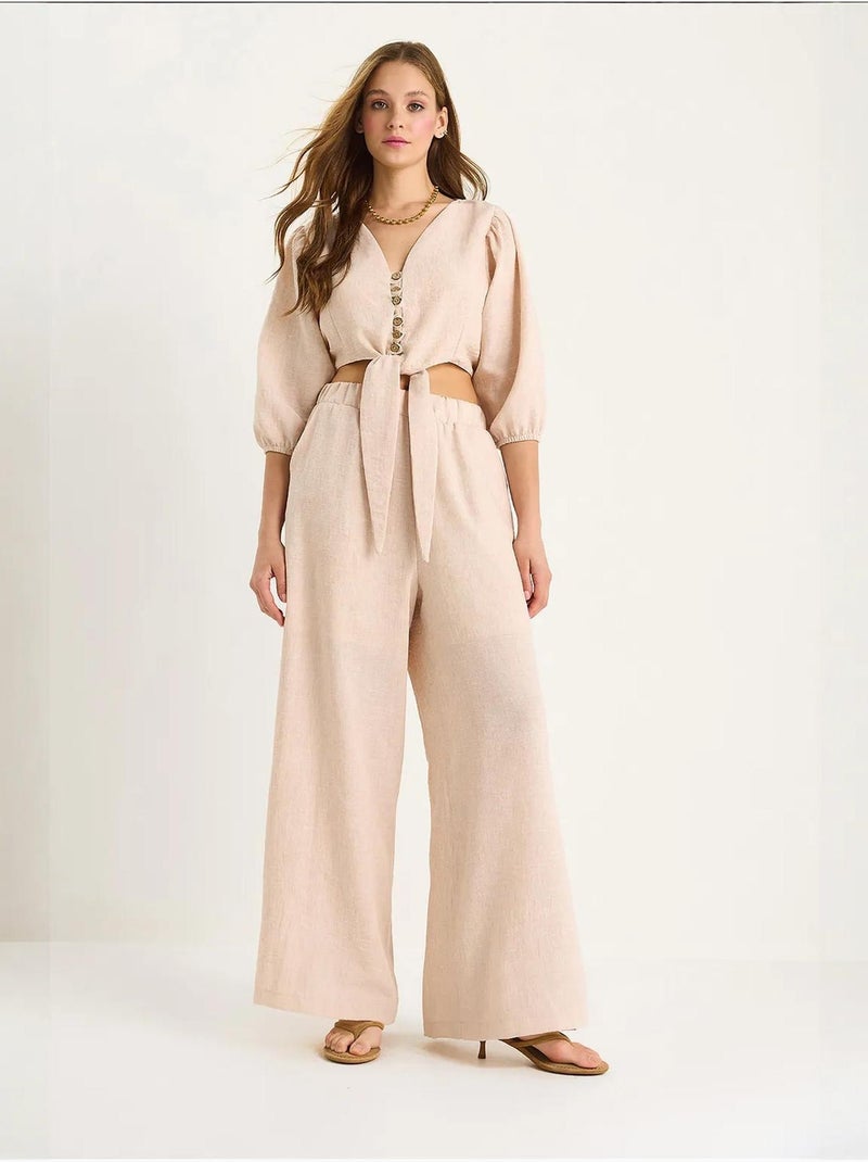 Ensemble deux pièces avec chemisier à nouer, ourlet boutonné doublé et pantalon doublé lucci Sable - Kiabi