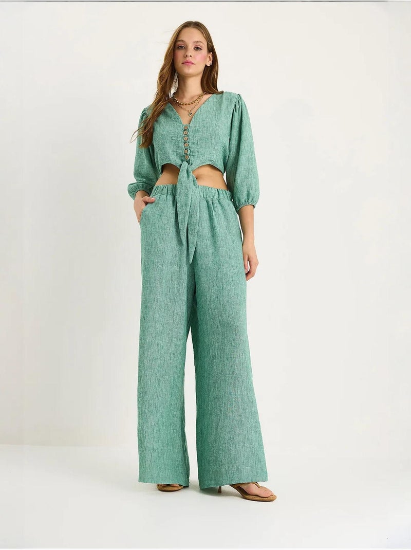 Ensemble deux pièces avec chemisier à nouer, ourlet boutonné doublé et pantalon doublé lucci Vert - Kiabi