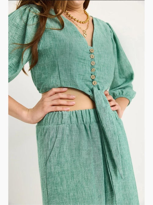 Ensemble deux pièces avec chemisier à nouer, ourlet boutonné doublé et pantalon doublé lucci - Kiabi