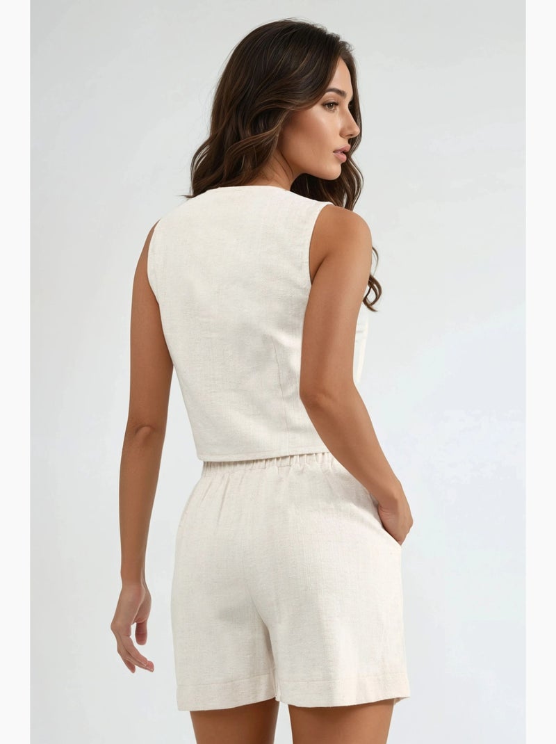 Ensemble deux pièces avec gilet et short en mélange de lin hiccup Ivoire - Kiabi