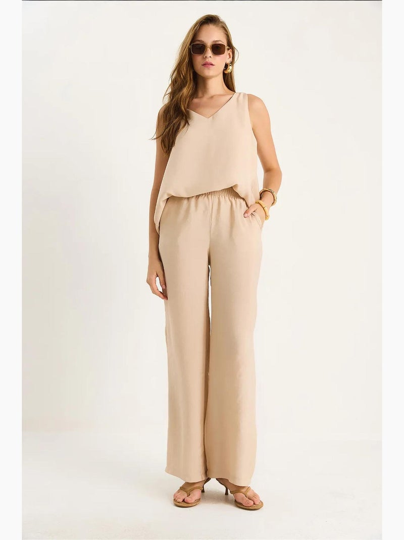 Ensemble deux pièces : chemisier à bretelles et col en v, pantalon palazzo lucci Beige argile - Kiabi