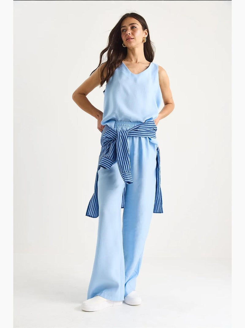 Ensemble deux pièces : chemisier à bretelles et col en v, pantalon palazzo lucci Bleu ciel - Kiabi