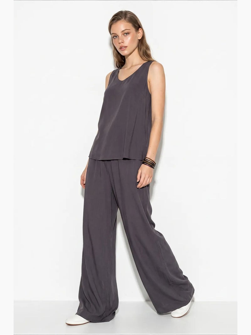 Ensemble deux pièces : chemisier à bretelles et col en v, pantalon palazzo lucci Gris foncé - Kiabi