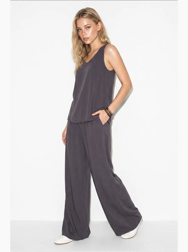 Ensemble deux pièces : chemisier à bretelles et col en v, pantalon palazzo lucci Gris foncé - Kiabi