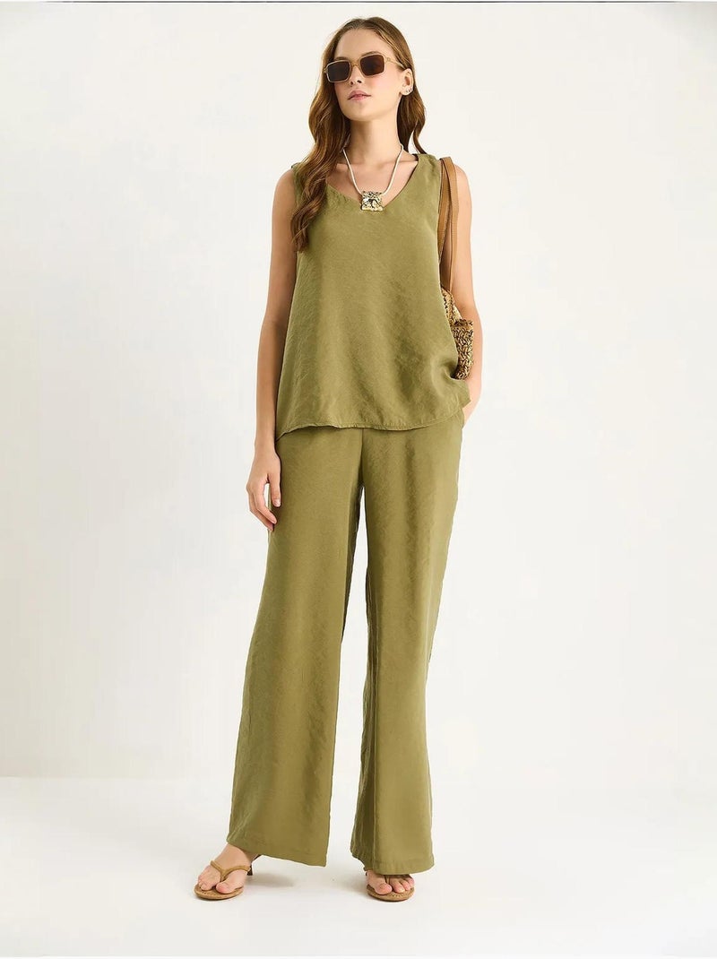 Ensemble deux pièces : chemisier à bretelles et col en v, pantalon palazzo lucci Kaki - Kiabi