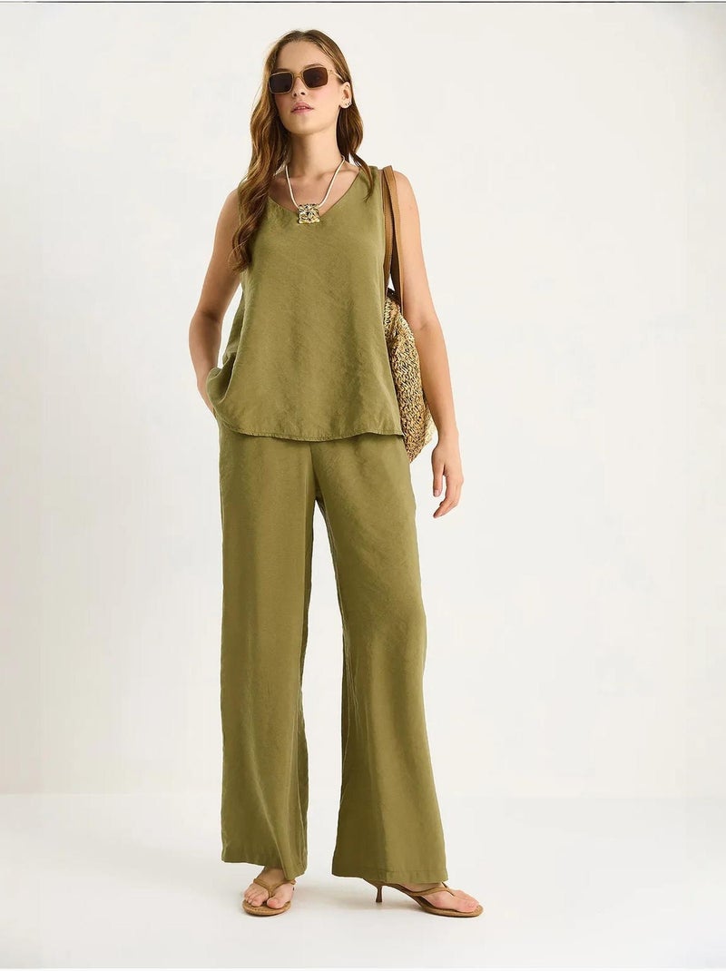 Ensemble deux pièces : chemisier à bretelles et col en v, pantalon palazzo lucci Kaki - Kiabi