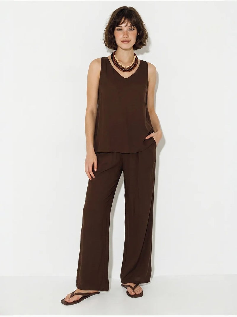 Ensemble deux pièces : chemisier à bretelles et col en v, pantalon palazzo lucci Marron - Kiabi