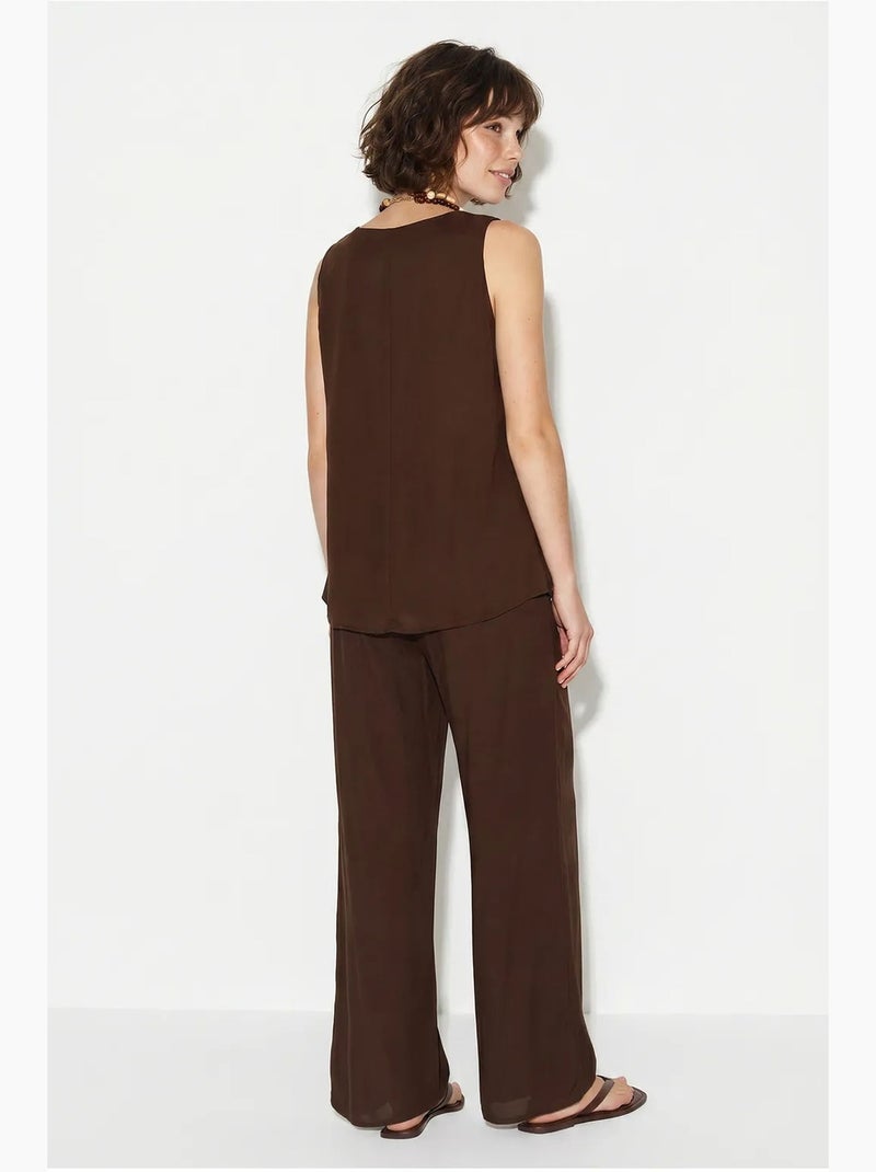 Ensemble deux pièces : chemisier à bretelles et col en v, pantalon palazzo lucci Marron - Kiabi