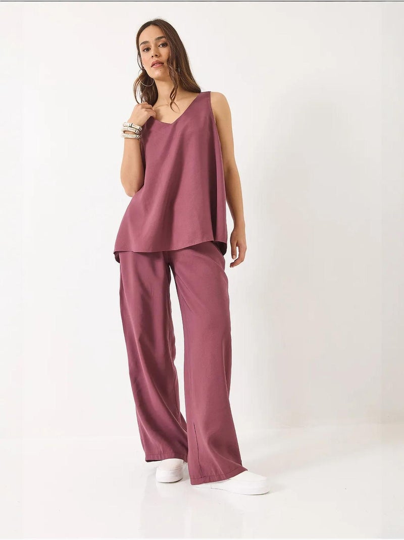 Ensemble deux pièces : chemisier à bretelles et col en v, pantalon palazzo lucci Prune - Kiabi