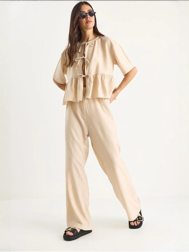 Ensemble deux pièces chemisier et pantalon à manches courtes avec détails noués lucci Beige argile - Kiabi