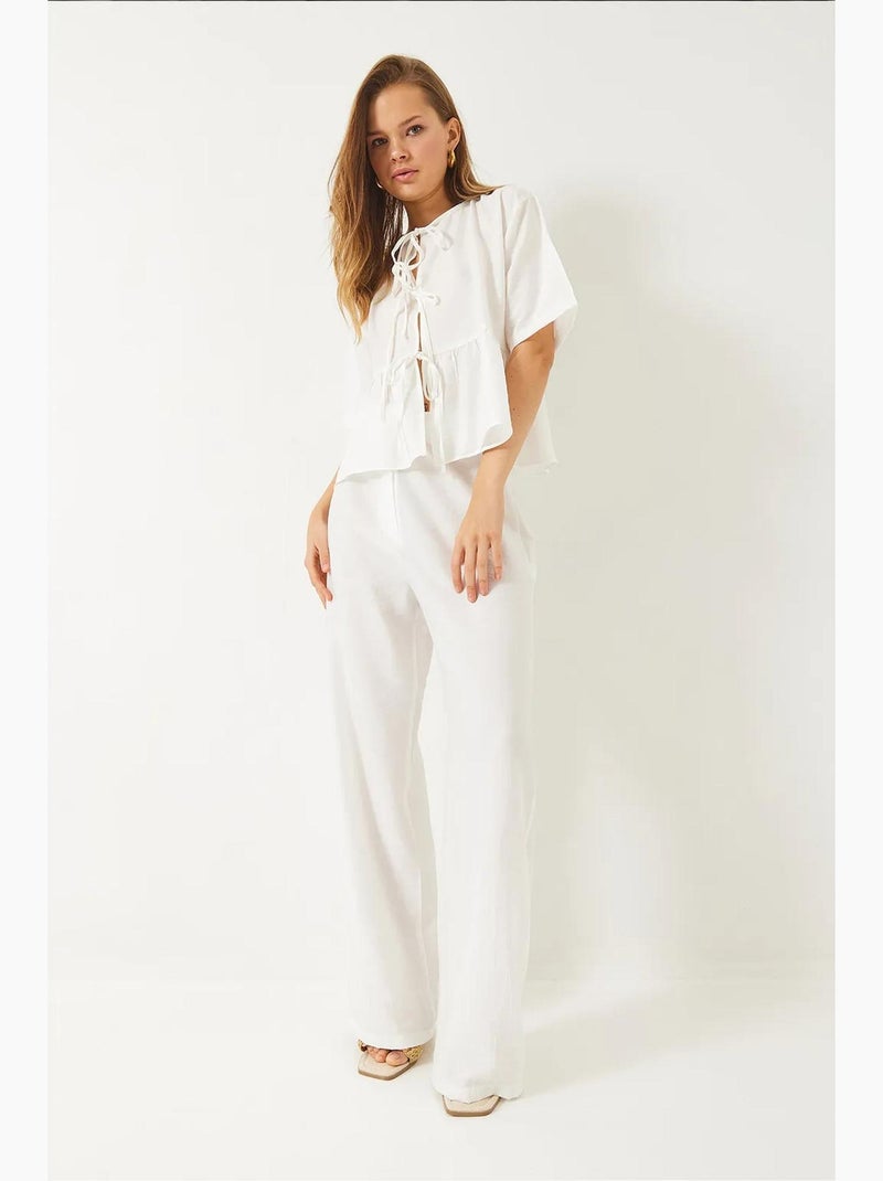 Ensemble deux pièces chemisier et pantalon à manches courtes avec détails noués lucci Blanc - Kiabi