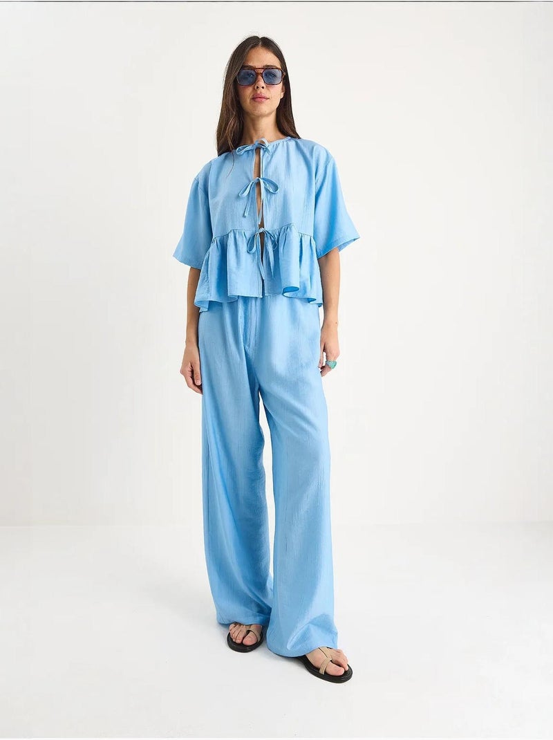 Ensemble deux pièces chemisier et pantalon à manches courtes avec détails noués lucci Bleu ciel - Kiabi