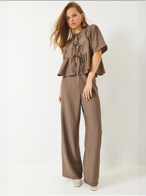 Ensemble deux pièces chemisier et pantalon à manches courtes avec détails noués lucci - Kiabi