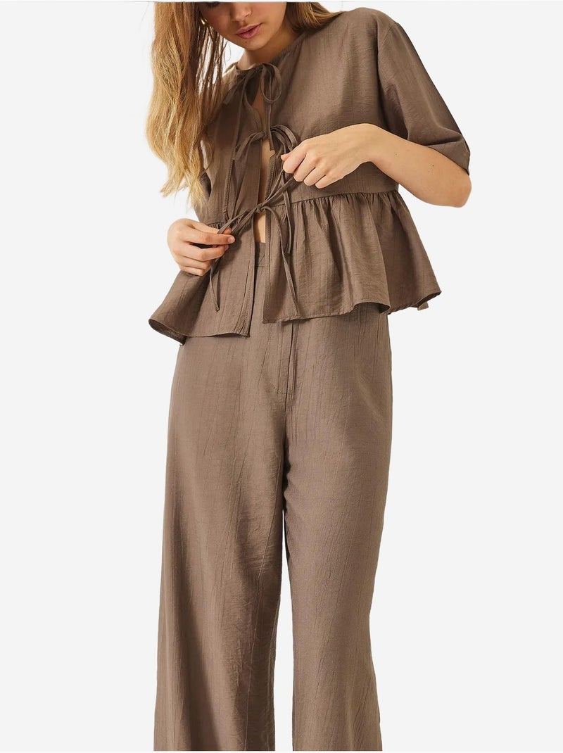 Ensemble deux pièces chemisier et pantalon à manches courtes avec détails noués lucci Camel - Kiabi