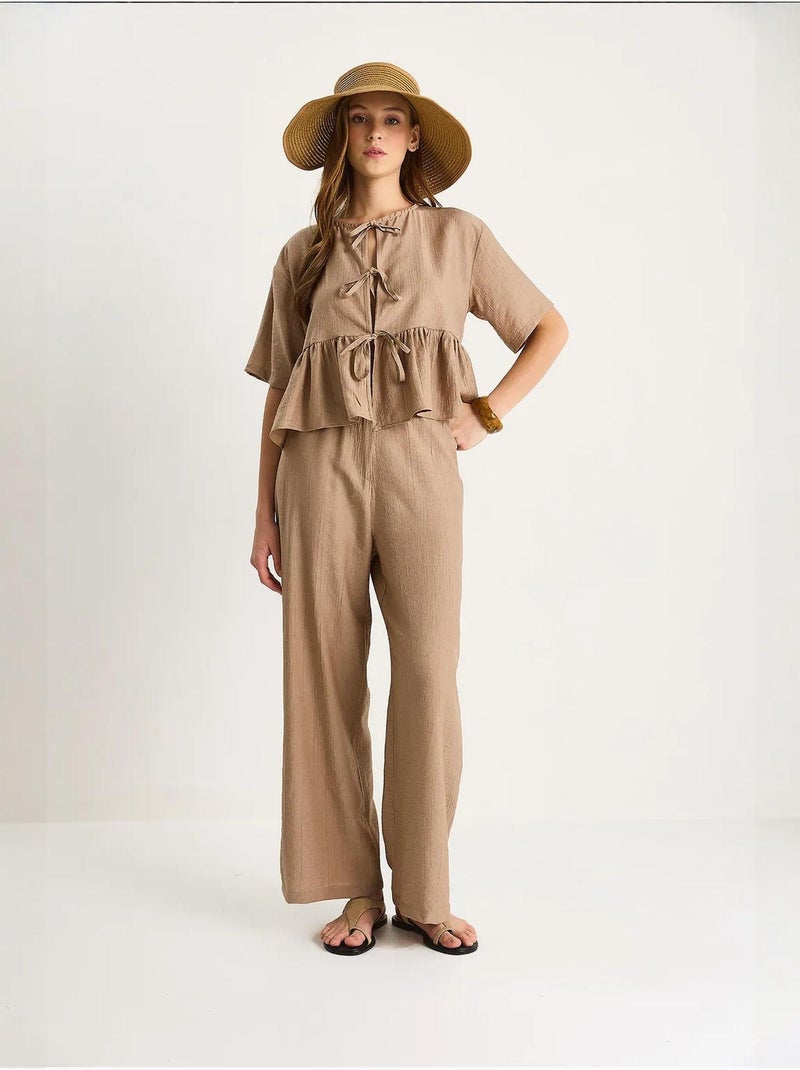 Ensemble deux pièces chemisier et pantalon à manches courtes avec détails noués lucci Marron clair - Kiabi