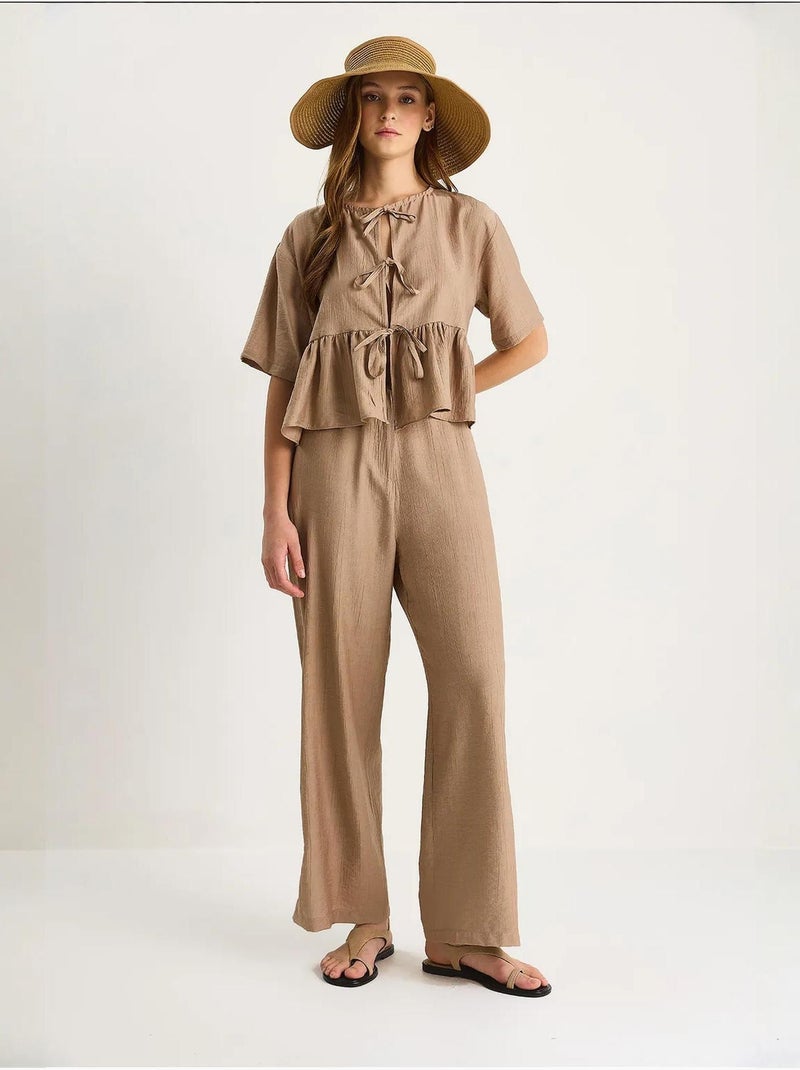 Ensemble deux pièces chemisier et pantalon à manches courtes avec détails noués lucci Marron clair - Kiabi