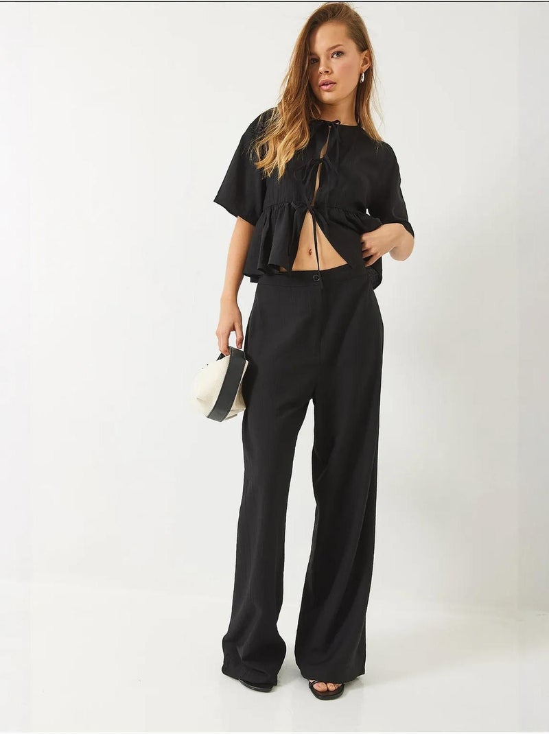 Ensemble deux pièces chemisier et pantalon à manches courtes avec détails noués lucci Noir - Kiabi