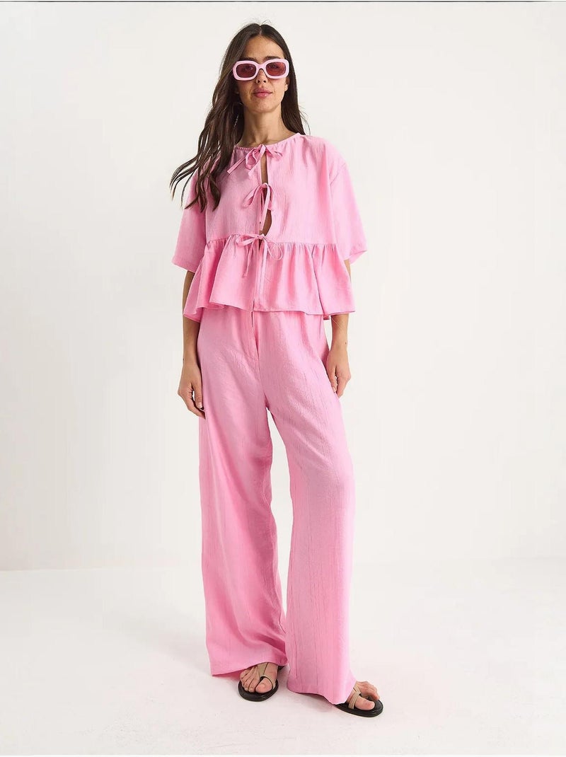 Ensemble deux pièces chemisier et pantalon à manches courtes avec détails noués lucci Rose clair - Kiabi
