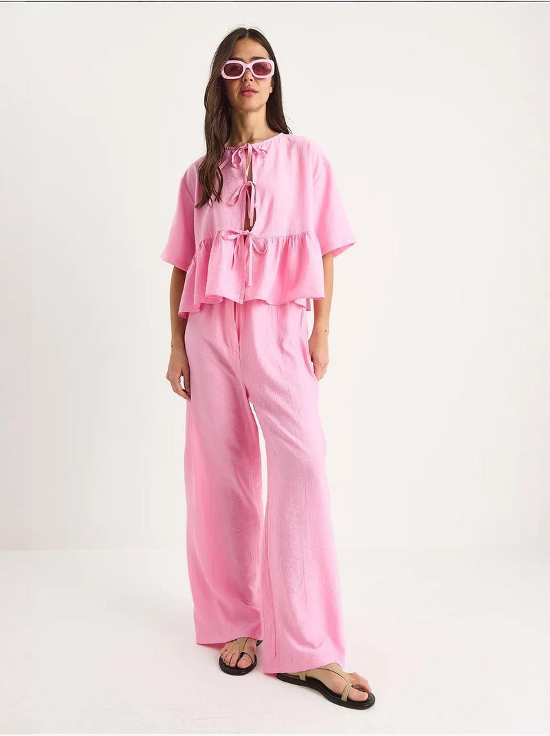 Ensemble deux pièces chemisier et pantalon à manches courtes avec détails noués lucci Rose clair - Kiabi