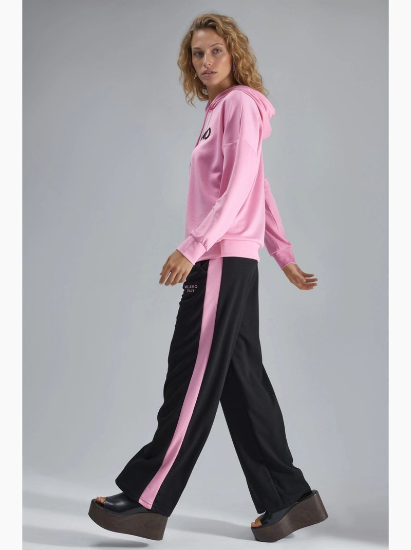 Ensemble deux pièces coordonné à capuche brodé, jambes larges et longues hiccup Rose fluo/Solinotes - Kiabi