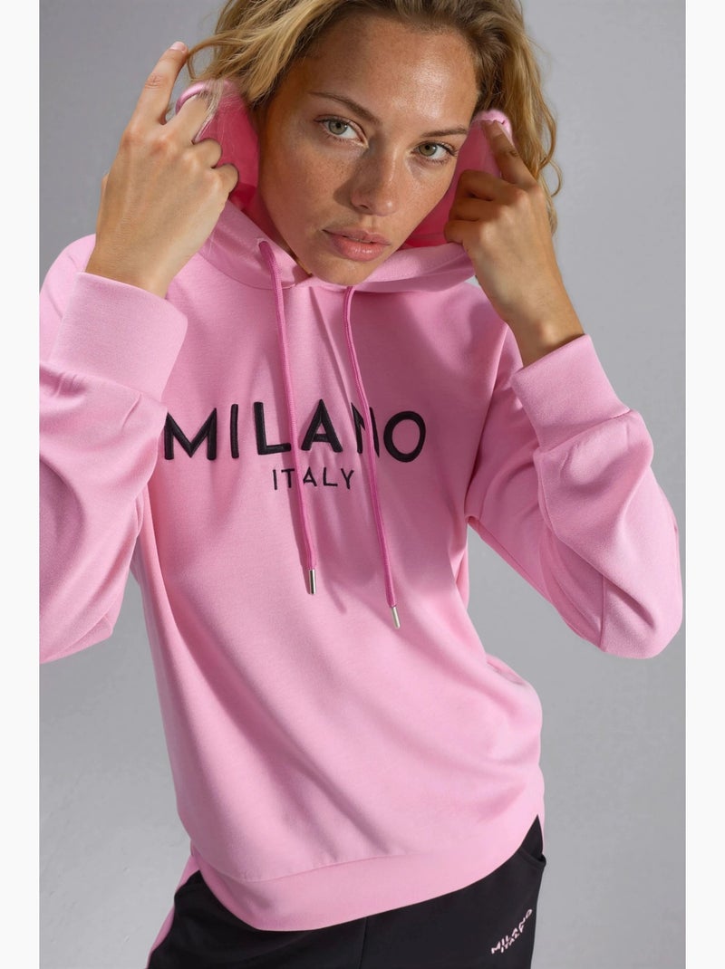 Ensemble deux pièces coordonné à capuche brodé, jambes larges et longues hiccup Rose fluo/Solinotes - Kiabi